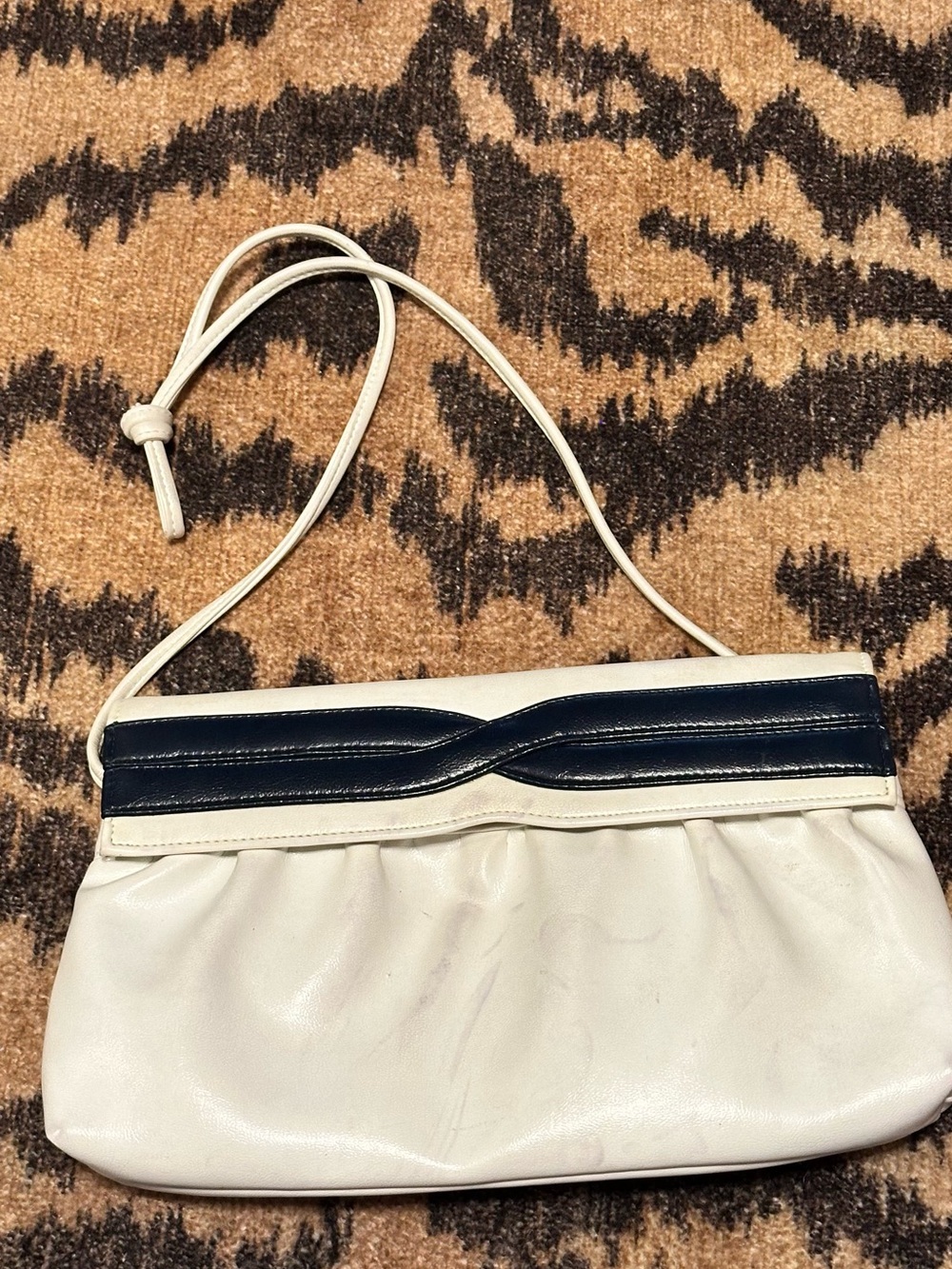 White faux Leather Shoulder Bag with Navy Trim